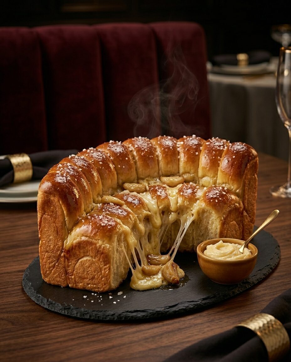 The Booth's Crack pull-apart milk bread with a live cheese pull and steam on a slate board