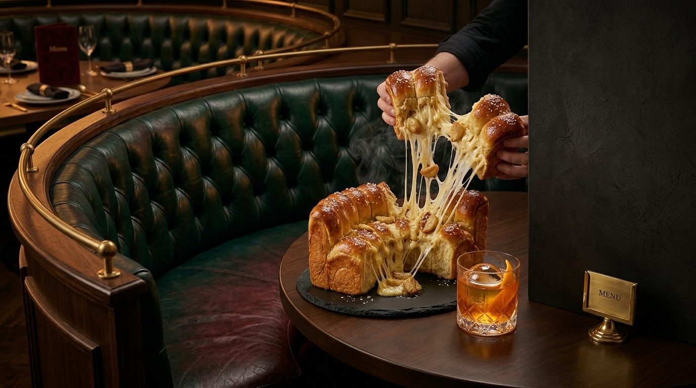 A five-cheese cheese-pull lifted mid-motion inside the curved booth