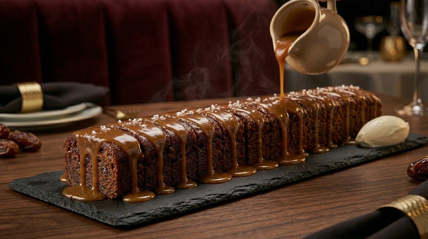 Scoot Down Booth's Sweet Cake — a long strip of sticky pudding cake with warm salted caramel being poured over it