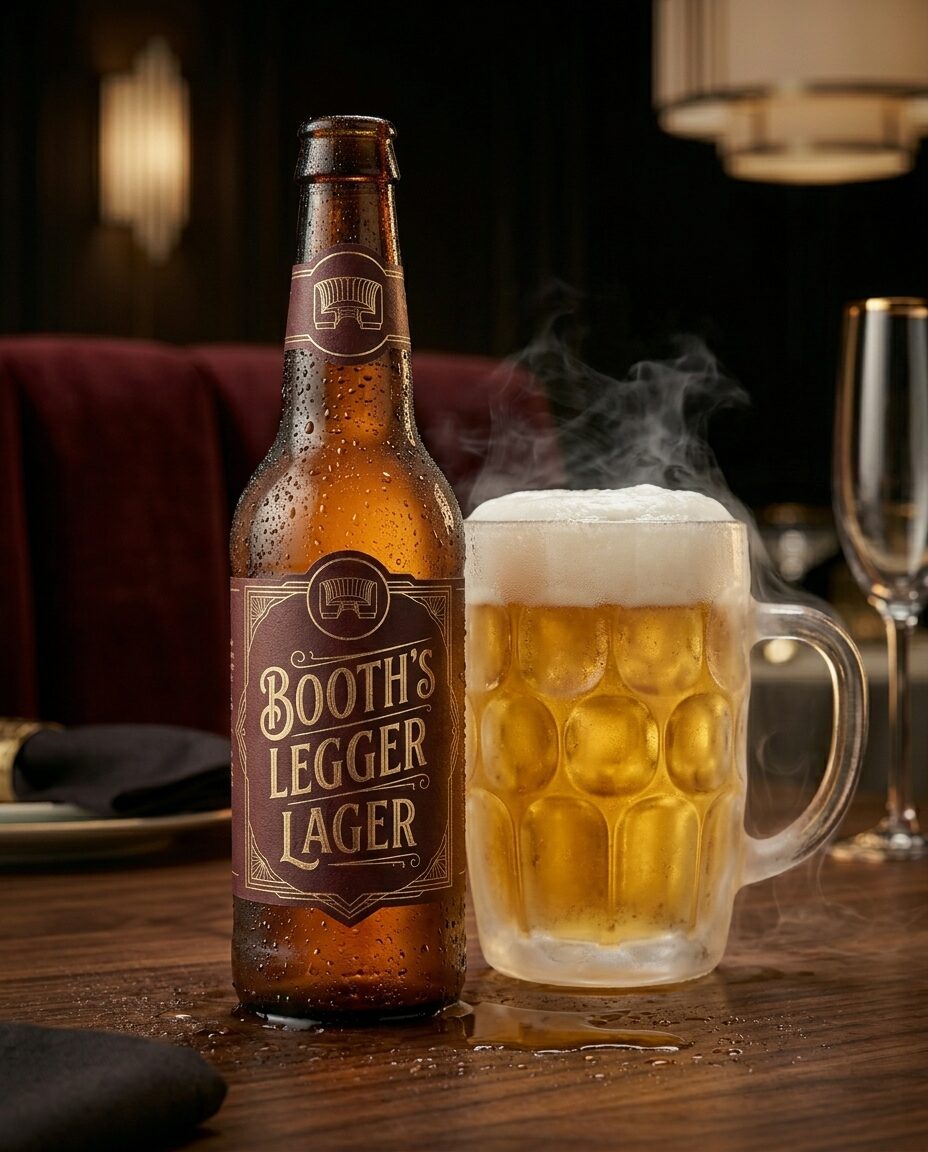 Bottle of Booth's Legger Lager beside a steaming dimpled stein of lager
