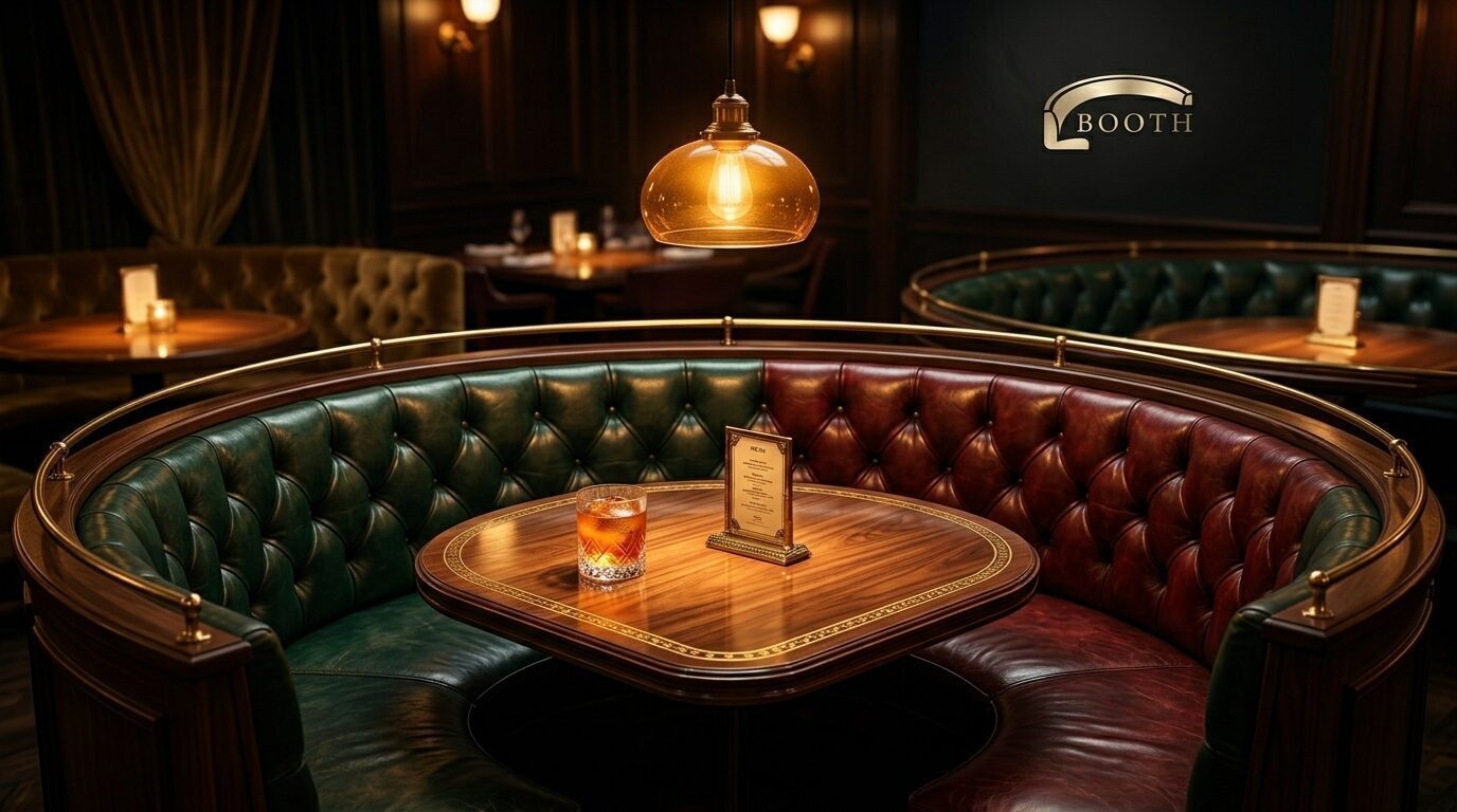A circular emerald-and-oxblood tufted leather booth under a single amber pendant inside Booth Las Vegas